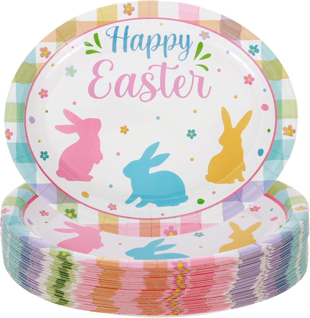 50 Count Oval Easter Paper Dinner Dessert Plates Heavy Duty Easter Dinnerware Sets with Bunny for Easter Spring Holiday Party Supplies