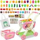 Kids Shopping Cart - 2 in 1 Toy Shopping Cart with Play Food Fruit Vegetable Dessert and Shop Accessories, 72pcs Pretend Play Grocery Store Toy Kitchen Game Trolley Play Set for Kids (Pink)