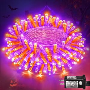 Einiiya 600 LED Christmas String Lights Outdoor, 197 FT String Lights Outdoor Clear Wire with 8 Modes, Plug in Waterproof Lights for Tree Party Christmas Thanksgiving Decorations, Purple&Orange