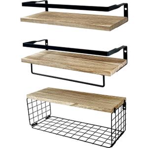 Floating Shelves Bathroom,Set of 3 Wall Mounted Shelves with Storage Baskets,Wall Shelves for Bathroom Wall Organizer,Over Toilet
