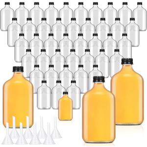 Gejoy 48 Pcs Mini Liquor Bottles Reusable Glass Flask Bottles with Black Caps Clear Empty Alcohol Shot Jars Small Champagne Jars with 4 Funnels for Wine Weddings Party Favors Christmas (6.8 oz)