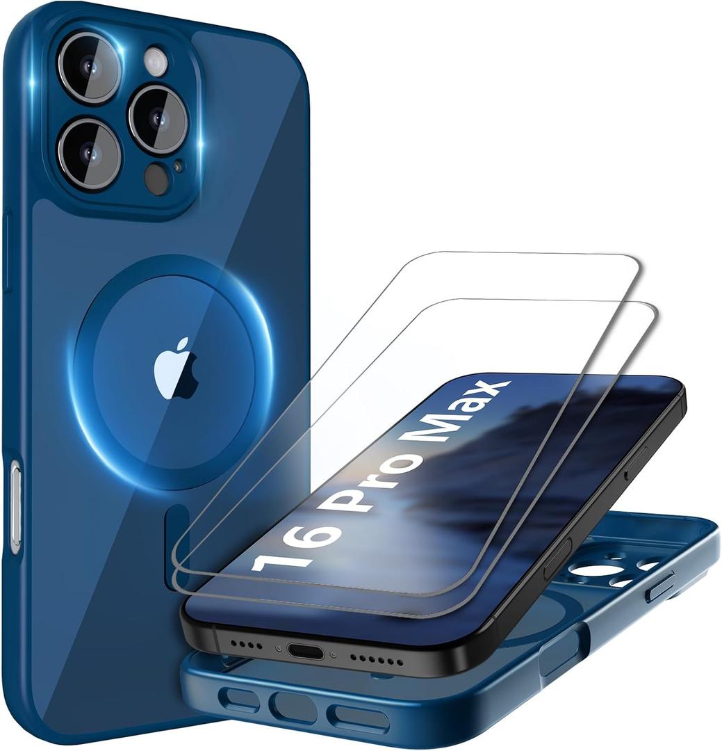 Cufelf Magnetic for iPhone 16 Pro Max Case(Compatible with Magsafe) Full Camera Protection,2+Full Coverage Screen Protector,Translucent Matte,Military Drop Protection Phone Case,6.9",Blue