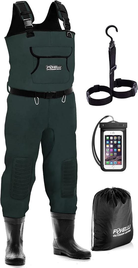Foxelli Chest Waders, Waterproof 4mm Neoprene Hunting & Fishing Waders for Men & Women with Boots (11, Green)