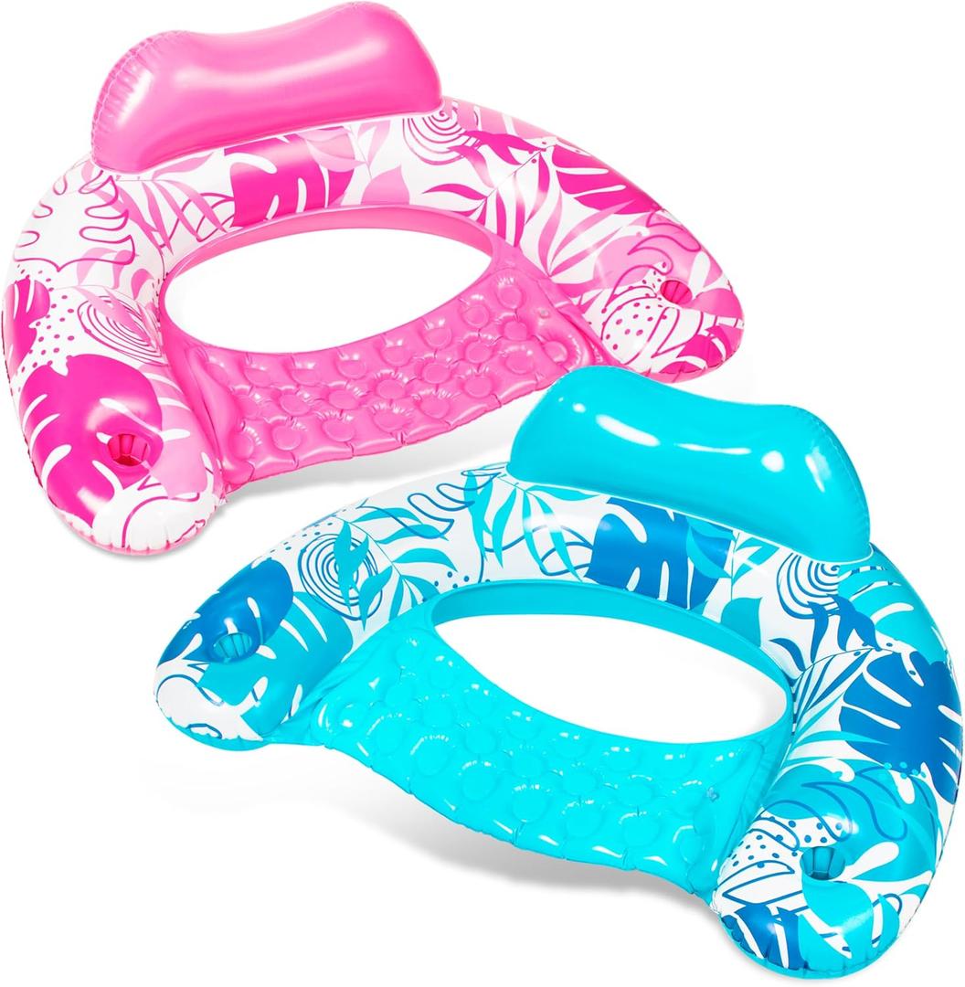 SLOOSH Inflatable Pool Floats Adult,2 Pack Pool Chairs with Cup Holders,Blow up Floats Chair,Hammock Noodle Mat Leaves Design for Relaxing Summer Water Fun Swimming Party Beach (Blue,Pink)