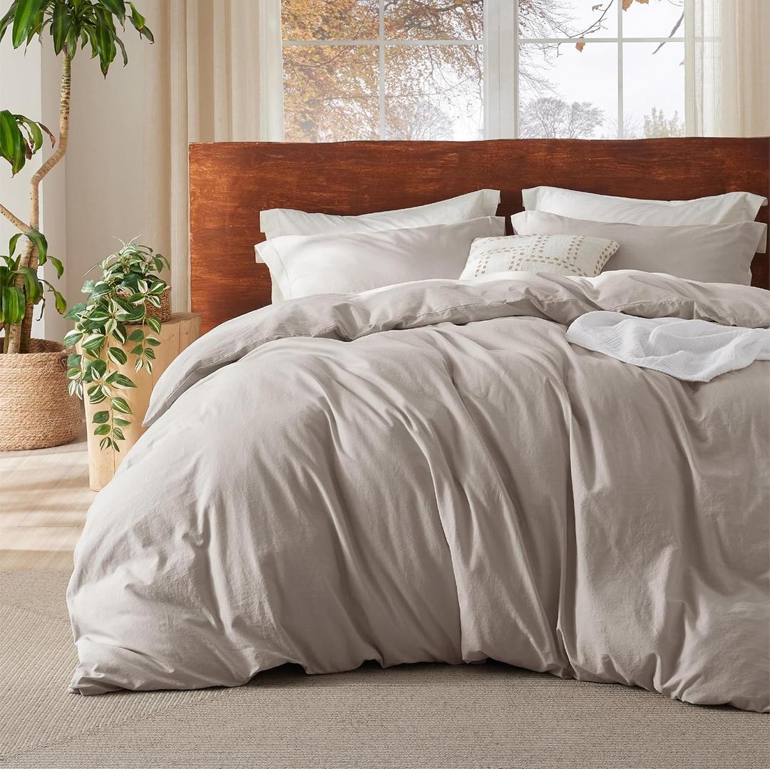 Bedsure 100% Washed Cotton Duvet Cover Oversized King - Natural Minimalist Bedding Set Linen Like - PureWoven Plain Simple & Soft Comforter Cover for All Seasons (Natural, Oversized King, 120"x98")