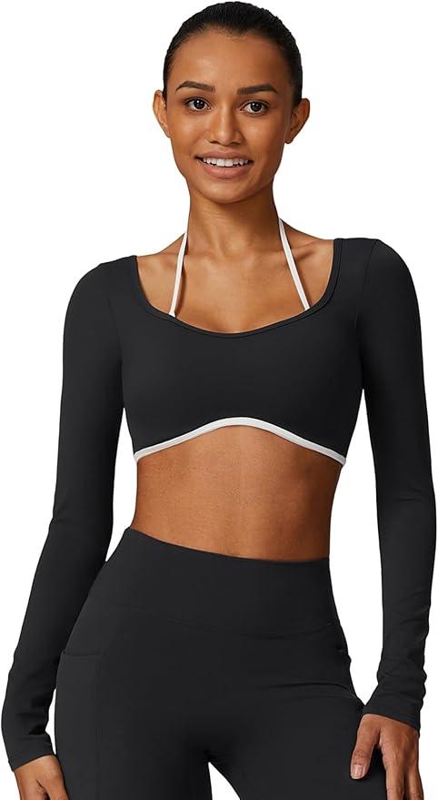 ABOCIW Long Sleeve Workout Tops for Women with Built in Bra Halter Open Back Croped Gym Top Yoga Athletic Shirts M