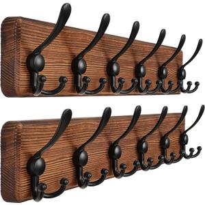 Dseap Coat Rack Wall Mounted - 24" Long 6 Tri Hooks, Heavy Duty Wooden Wall Coat Hanger Coat Hook for Clothes Hat Jacket Clothing, Natural and Black, Pack of 2