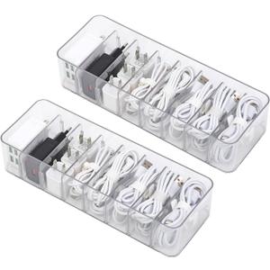 Yesesion 2 Pack Plastic Cable Management Box with Removable Dividers, Clear Cord Storage Organizer with 20 Wire Ties for Desk Drawer, Office Supplies, Electronic Accessories, Battery, Phone Charger