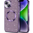 Hython for iPhone 14 Case Glitter, Clear Magnetic Phone Cases with Camera Lens Protector [Compatible with MagSafe] Bling Sparkle Plating Soft TPU Slim Shockproof Protective Cover Women Girls, Purple