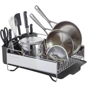 KitchenAid Large Capacity Full Size Rust Resistant Dish Rack with Angled Drain Board and Removable Flatware Caddy, Light Grey