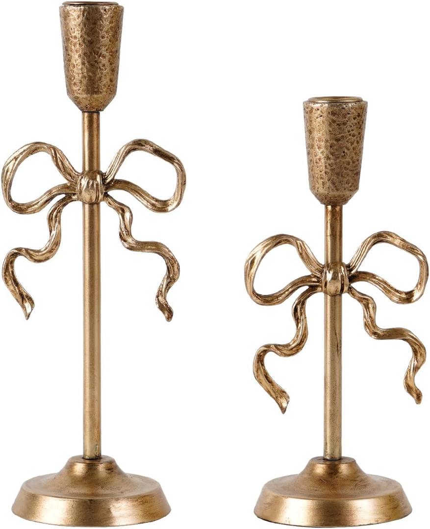 NIKKY HOME Gold Bow Iron Taper Candle Holders Set of 2, Vintage Decorative Tall Candlesticks Stand Centerpieces Decor for Dining Room Table Wedding Party Mantle Fireplace Housewarming Gift