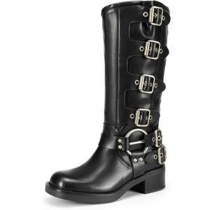 DREAM PAIRS Women's Knee High Riding Boots Side Zipper Motorcycle Boots Square Toe Chunky Heel Fashion Buckles Biker Boots, 9