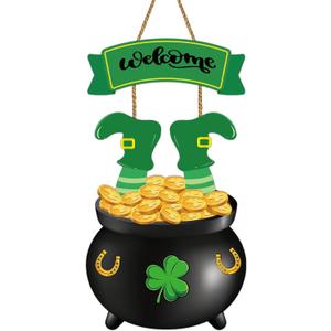 St Patricks Day Decorations St Patricks Day Wreath Door Decorations Wooden Wreaths for Front Door Hanger Gold Coin Jar Leprechaun Feet Welcome Sign Hanging Decor for Porch Wall Indoor Home Decor