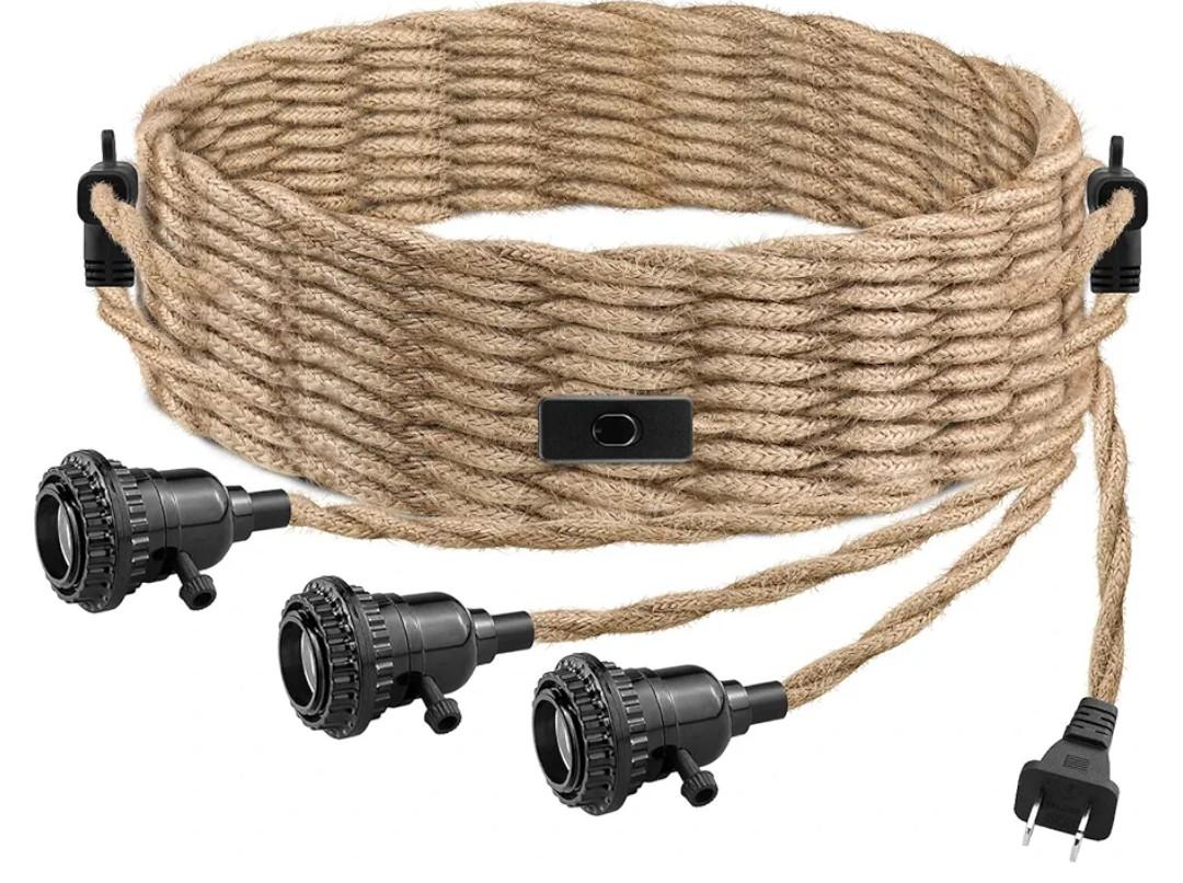 3 Light Plug in Pendant Light Cord, 25FT Hanging Lights with Plug in Cord, Hemp Rope Hanging Light Kit with 2 Way Switch, Farmhouse Pendant Light Kits DIY HangingLight