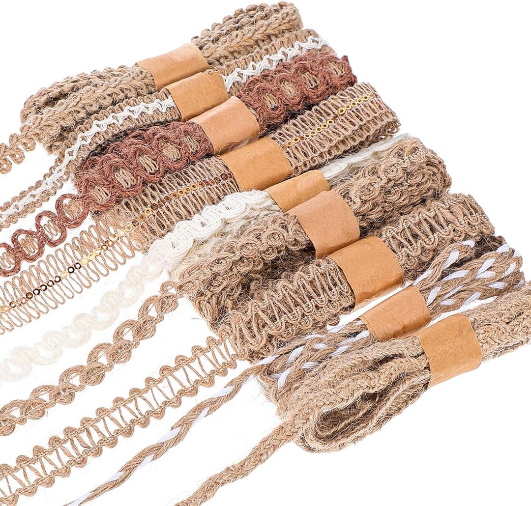 9 Rolls Burlap Lace Ribbon Trim, 18 Meters Jute Craft Ribbon, Vintage Burlap Ribbons for DIY Sewing, Rustic Wedding Decorations, Gift Wrapping, Party Supplies, Crafts and Home Decoration
