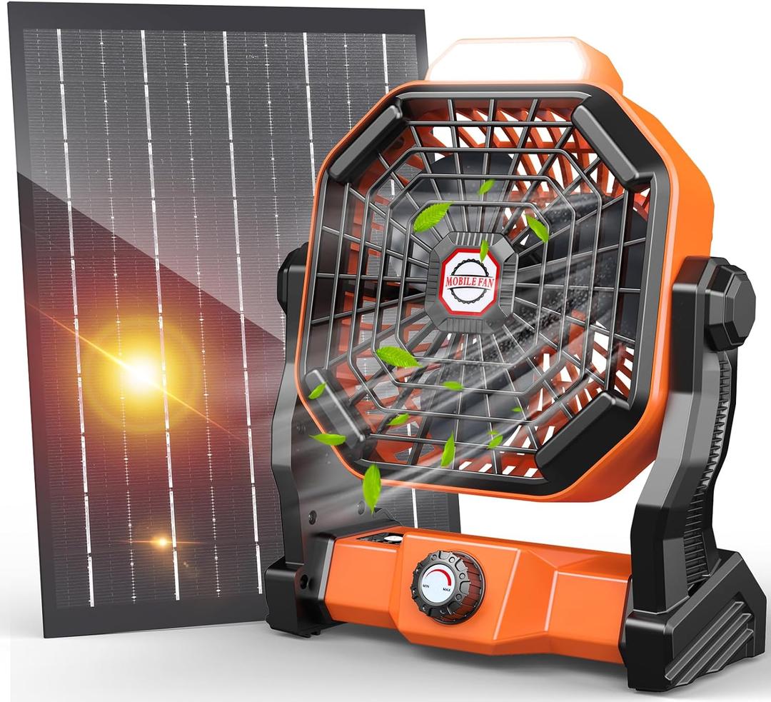 20000mAh Solar Fan, Camping Fan with Solar Panel, 7W 9-Inch Rechargeable Battery Operated Fans for Outside, LED Lantern, Stepless Speed and Quiet Battery Powered Solar Tent Fans for Outdoor, Barbecue (Orange)