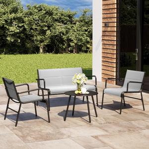 East Oak 4 Seats Outdoor Furniture Set, Waterproof Patio Furniture Set, Patio Loveseat with Coffee Table for Garden or Porch, 4-Piece Patio Conversation Sets for Balcony in Grey