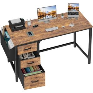 Lufeiya Computer Desk with Fabric File Drawers Cabinet, 55 Inch Reversible Home Office Desks with Filing Cabinet for Small Space, Study Writing Table PC Desks with Storage for Bedroom, Rustic Brown, 54.6"