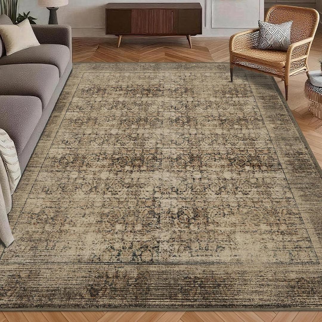 Washable Area Rug 8' x 10' Vintage Traditional Persian Mat - Foldable Distressed Non-Slip Machine Washable Carpet for Living Room Bedroom Kitchen Home Decor - Mocha and Taupe