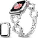 Mesime Compatible with Apple Watch Band 40mm Women Bling Jewelry Bands with Tempered Glass Screen Protector Case, Shiny Strap for iWatch (Silver) (40mm(Series 6/5/4/SE))