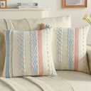 FUTEI Pack of 2 Boho Chenille Decorative Throw Pillow Covers 18x18 Inch Soft Tufted Striped Textured Cushion Case,Farmhouse Accent for Couch Bed Living Room, Pink Blue