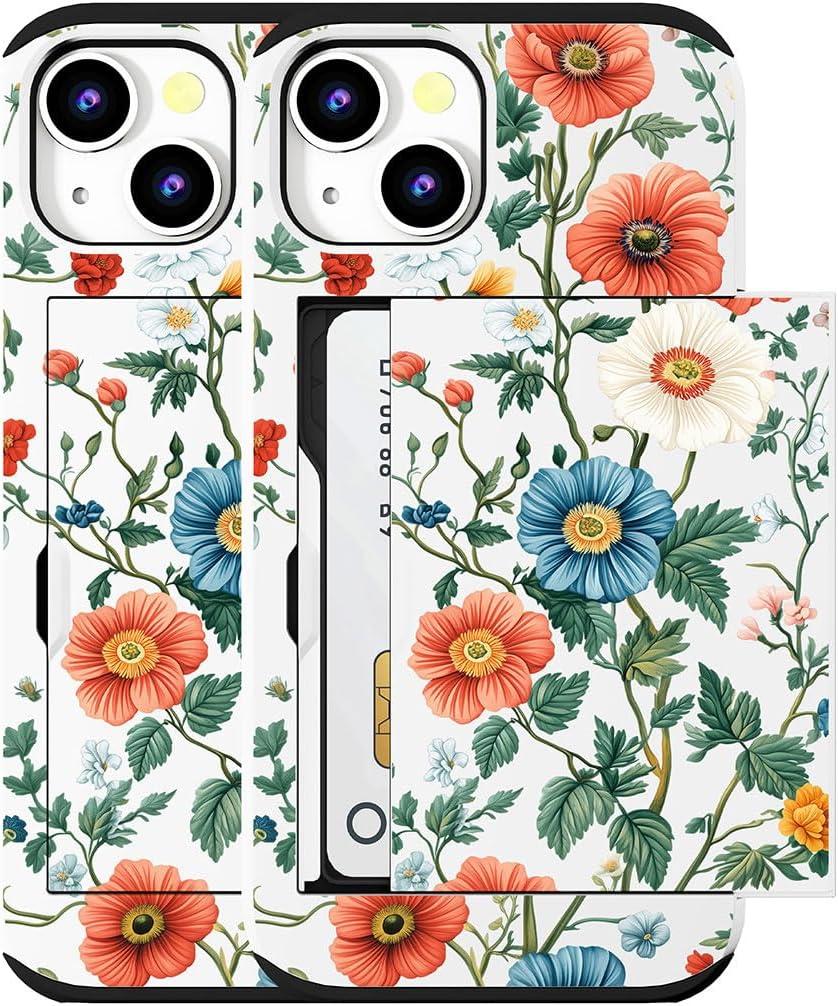 Compatible for iPhone 15 Case with Card Holder Cute - Kawaii Design Military-Grade Drop Protection Rugged Wallet Cases for Women (White Painting Botanical Flower)