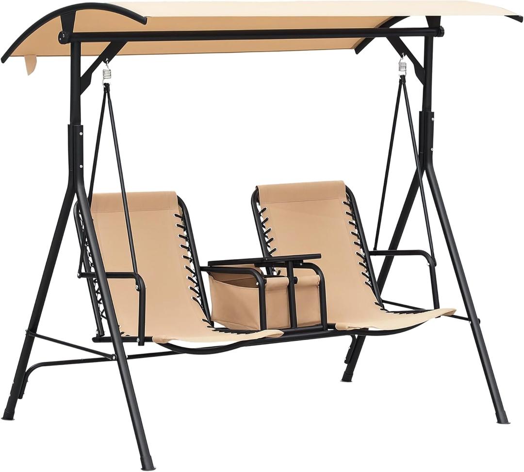 Outsunny 2-Seat Patio Swing Chair, Outdoor Canopy Swing Glider with Pivot Storage Table, Cup Holder, Adjustable Shade, Bungie Seat Suspension and Weather Resistant Steel Frame, Beige
