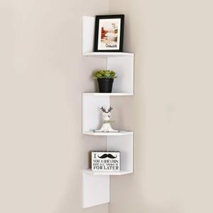 WELLAND Zig - Zag Floating Corner Shelves, 4-Tier Wall Mounted Storage Shelf with White Finish for Bedroom, Living Room, Bathroom, Display Shelf for Small Plant, Photo Frame, Toys and More