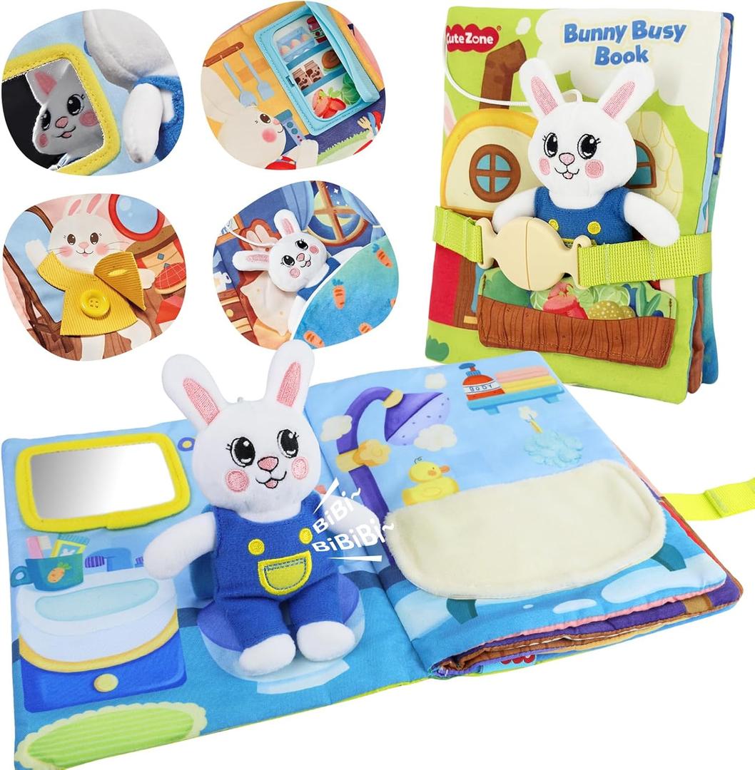 Busy Book for Toddlers 1-3, Montessori Quiet Book with 12 Activities and Attached Bunny, Soft Toddler Busy Board for Fine Motor Skills, Travel Toy Gift for 1+ Year Old Boys Girls