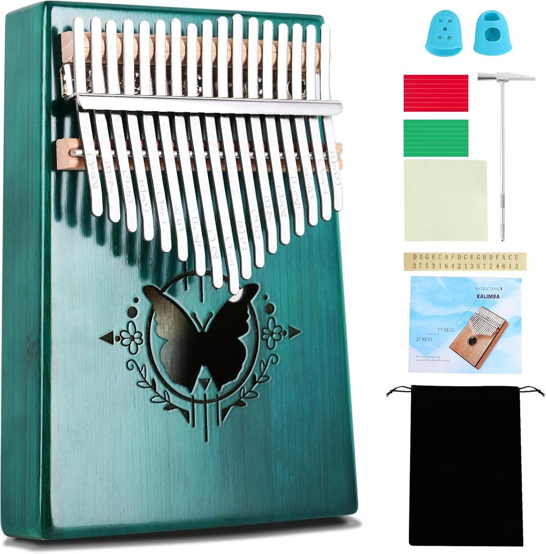 RANMING Kalimba Finger Piano kalimba 17 keys Portable Mbira Finger Piano with Tune Hammer Flannel Bag,Cleaning Cloth,Thumb Piano Key Stickers,Finger Covers,Adults Beginners and Music Lovers Gifts (Green)