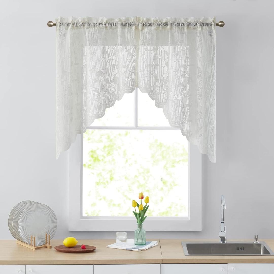 HLC.ME Joyce Semi Sheer Kitchen Swag Curtain Panels - Rod Pocket for Small Windows, Kitchen & Bathroom - 30 W x 36 L (Ivory, Set of 2) (30"W x 36"L (Pack of 2))