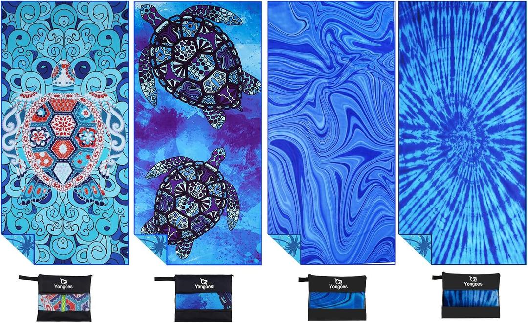 Yongoes 4 Pack Microfiber Lightweight Thin Beach Towel Sand Free Quick Dry Super Absorbent Large Towels for Swimming Pool Yoga Gym Travel Vacation Beach Accessories Essentials for Adults (X-Large (32x71 inches), 4 Pack Turtle Tie Dye Stripes)