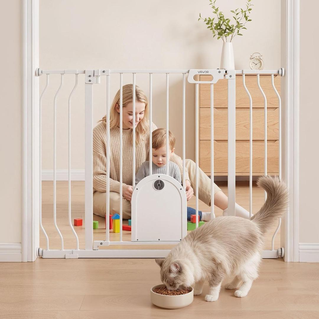 VEVOR Baby Gate for Stairs, 29.5-43 in Adjustable Width, Baby Gate with Adjustable Cat Door, with Pressure Mount Kit and Wall Mount Kit, Secure Metal Pet Door for Stairs, Doorways, and House, White