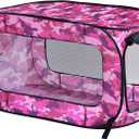 Beatrice Home Fashions Portable, Collapsible, Pop Up Kennel Travel Cat and Dog Crate, 40" L x 27" W x 27" H, Camo Pink
