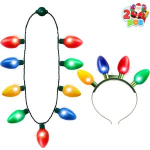 JOYIN 6 Pcs Christmas Light Up Headband and Necklace with 6 Flashing Modes, LED Christmas Bulb Lights Necklace Headband for Kids Women Men Xmas Party Supplies Accessories