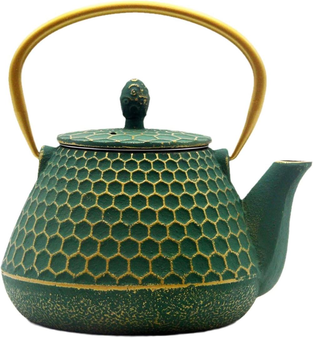 Cast Iron Tea Kettle, Japanese Tetsubin Teapot Coated with Enameled Interior, Durable Cast Iron Teapot with Stainless Steel Infuser for Stovetop Safe(1000ml/34oz) (Dark Green Hexagon Pattern, 1000ml/34oz)