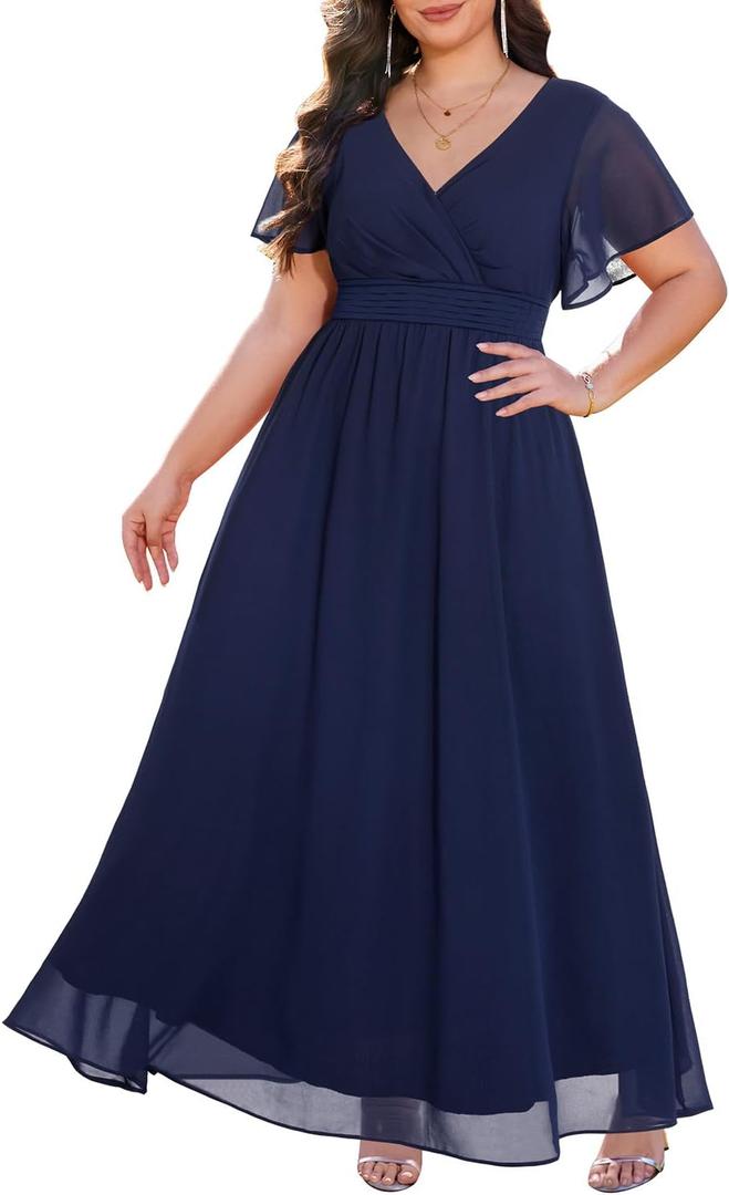 Plus Size Formal Dresses - V Neck Flutter Sleeve Glitter Prom Evening Gowns Wedding Guest Chiffon Long Maxi Dress, Size: 22 Plus
