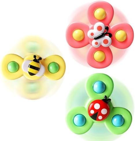 ALASOU 3PCS Suction Cup Spinner Toys for 1 2 Year Old Boy Girl Birthday Gift|Spinning Top Baby Bath Toy for Kids Ages 1-3|Sensory Airplane Travel Toy Easter Basket Stuffers for Toddlers Infant