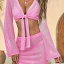 Fisoew Womens Crochet Swimsuit Coverups 2 Piece Bathing Suit Cover Up Long Sleeve Tie Front Crop Top Mini Skirt Sets (Pink)