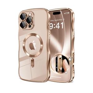 GVIEWIN for iPhone 16 Pro Max Case Compatible with MagSafe, Upgraded Full Camera Protection, Cute Wave Frame, Military Grade Protection Electroplated Soft Phone Cover for Women Girl, Clear/Rose Gold