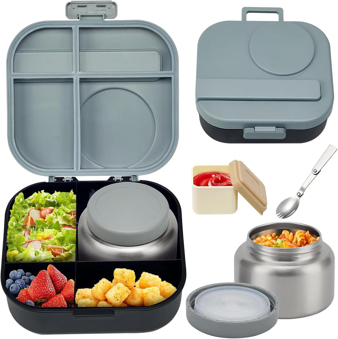 Bento Lunch Box for Kids with 12oz Soup Thermo,4 Compartments Lunch Box Containers Kids, Spoon&Sauce Jar, BPA Free&Leak proof,Insulated Food Jar for Travel(Black)