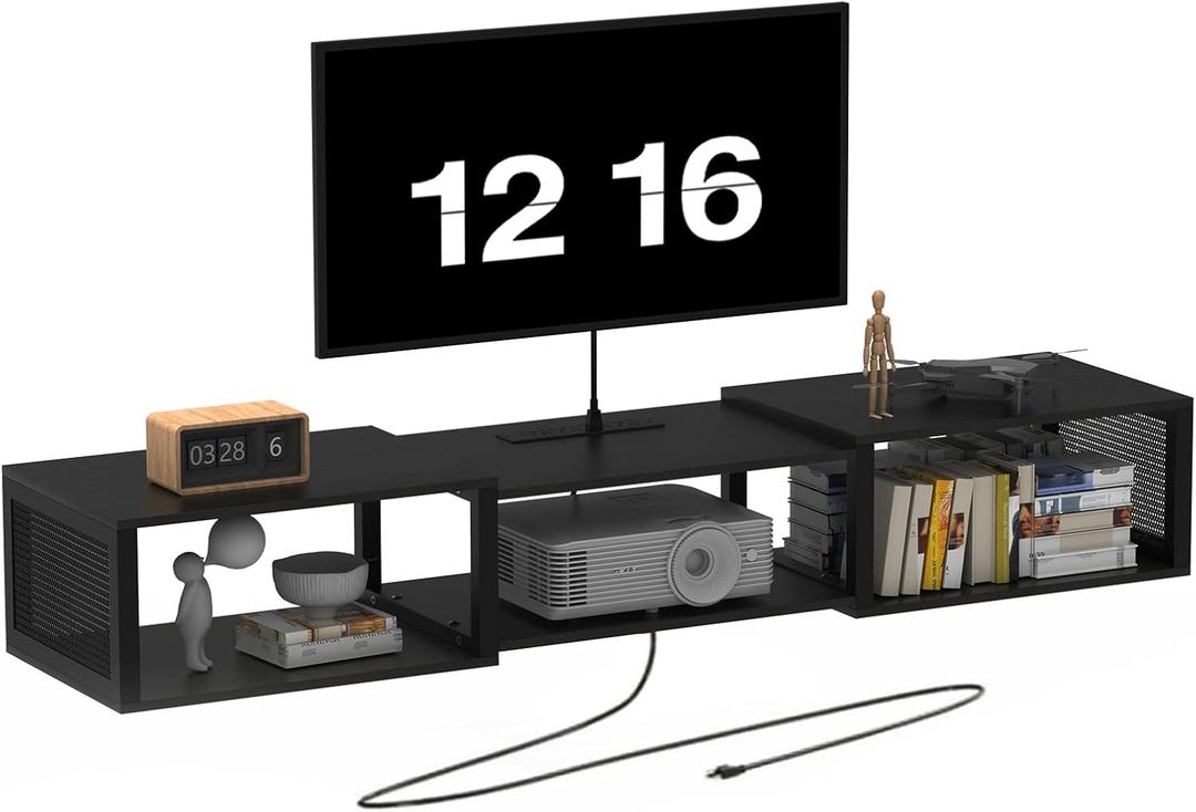 HOOBRO Floating TV Stand Wall Mounted with Power Outlet, Floating Entertainment Center for 65 inch TVs, Wall Mounted Entertainment Shelf with Storage, for Living Room, Bedroom, Black BB124UDS01