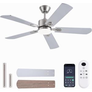52inch Ceiling Fans with Lights and Remote/App Control, Double-Side Blades, Dimmable LED, Reversible DC Motor, Noiseless, Modern Low Profile Ceiling Fan for Indoor/Outdoor Use (Nickel)