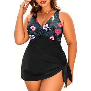 Daci Plus Size Swim Dress - One Piece Swimsuits Tummy Control Bathing Suits Flowy Asymmetrical Swimwear with Bottom Built in (Black and Flower, 22W)