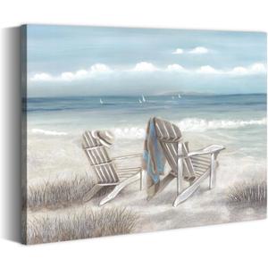 Abstract Beach Canvas Wall Art: Nature Blue Coastal Sea Painting Modern Ocean Scenery Hand Painted Shoreline Artwork Contemporary Seascape Picture Seashore Wave Seaside Print for Bedroom, 24"L x 18"W