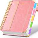 Hardcover Spiral Notebook 6.2"x 8.2" Journal Notebook with Tabs and Removable Dividers 300 Pages 5 Subject Notebook College Ruled, Faux Leather Spiral Bound Notebook for Women School Work (Pink)