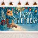 Winter Happy Birthday Banner Decrations 71x43 Inch Ginger Cat Party Backdrop Snow Christmas Tree Scene Background for Kids Winter Wonderland Birthday Decorations Gifts
