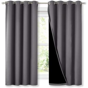 NICETOWN 100% Blackout Curtains with Black Liners, Thermal Insulated Full Blackout 2-Layer Lined Drapes, Energy Efficiency Window Draperies for Bedroom (Grey, 2 Panels, 52-inch W by 63-inch L)