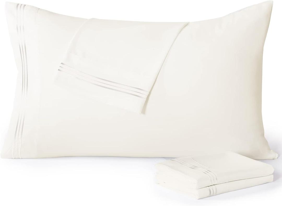 YIYEA Pillow Cases Standard Size Set of 4, Ultra Soft 1800TC Hotel Quality Double Brushed Microfiber Embroidered Pillowcases, Envelope Closure, Fade Resistant (20"x26", Ivory)