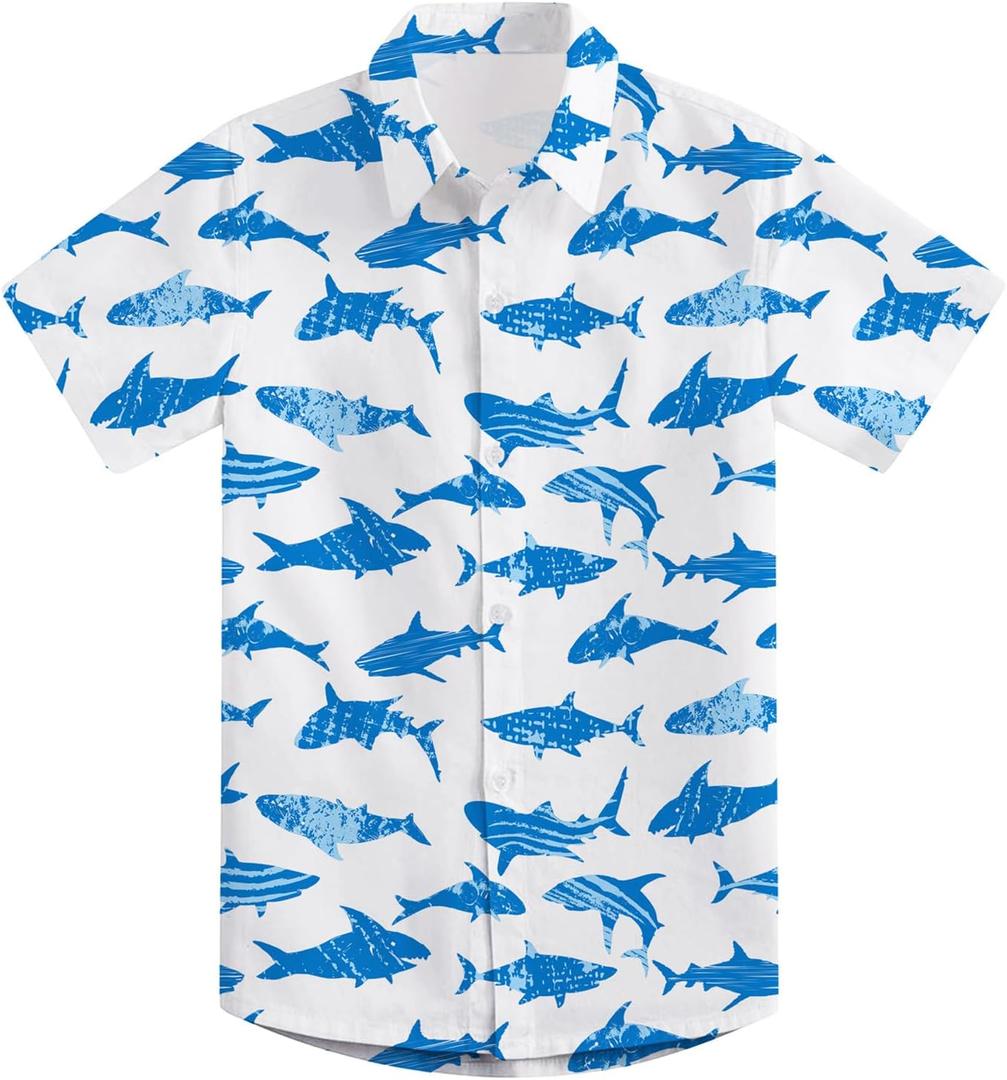 RAISEVERN Boys Button Down Shirts Hawaiian Cartoon Print Slim-Fit Short Sleeve Cool Dress Shirt Cute Top for Kids(2-10T) (White)